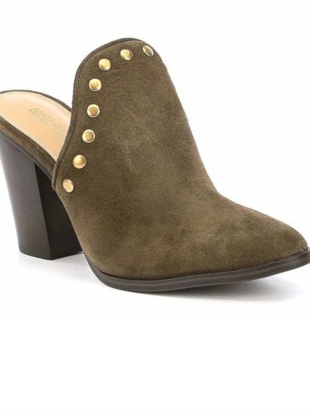 Michael Kors Louise Suede Mules Olive Studded Stacked Block Heel Slip On Clog10M